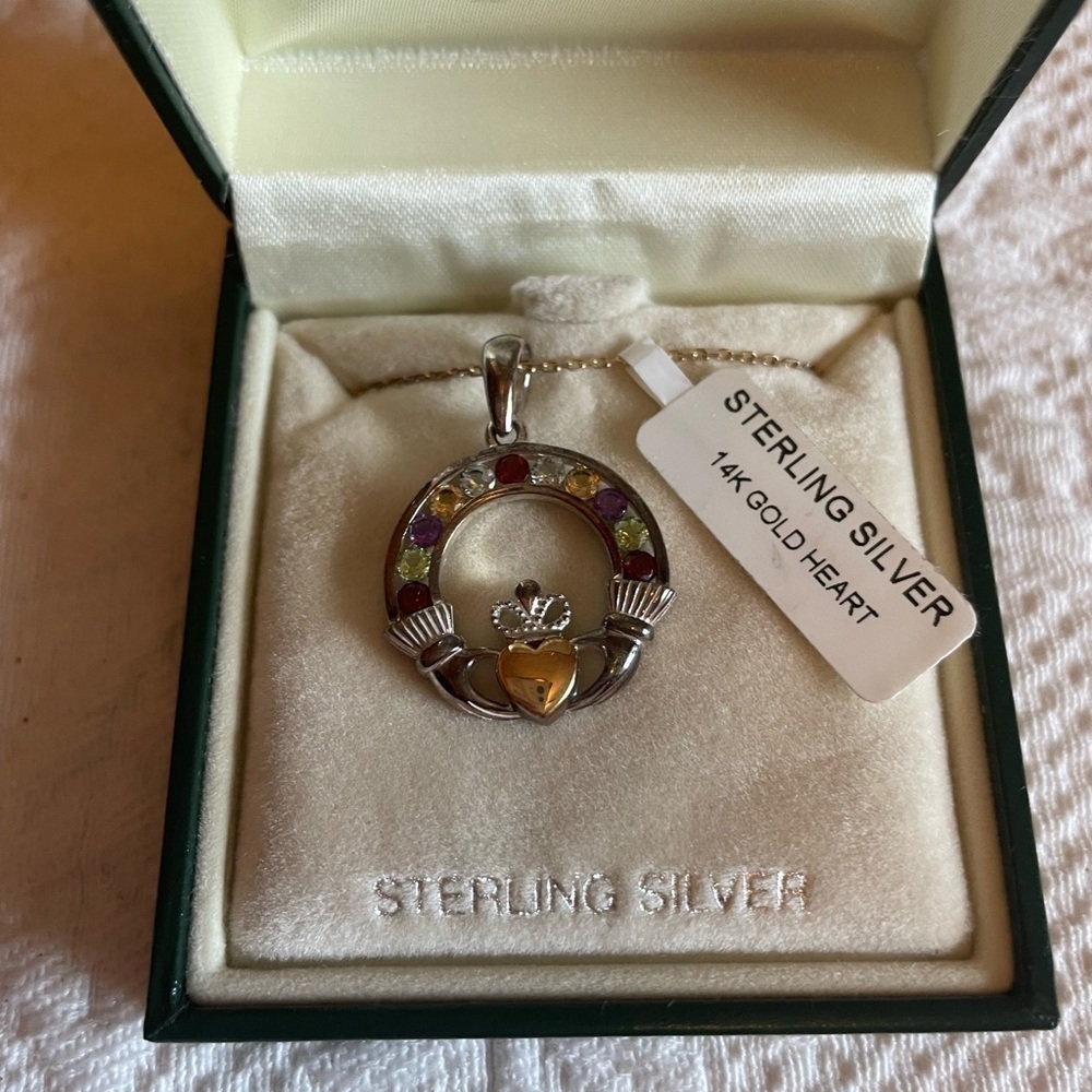 Claddagh pendant necklace:  sterling and 14k multi gem stones